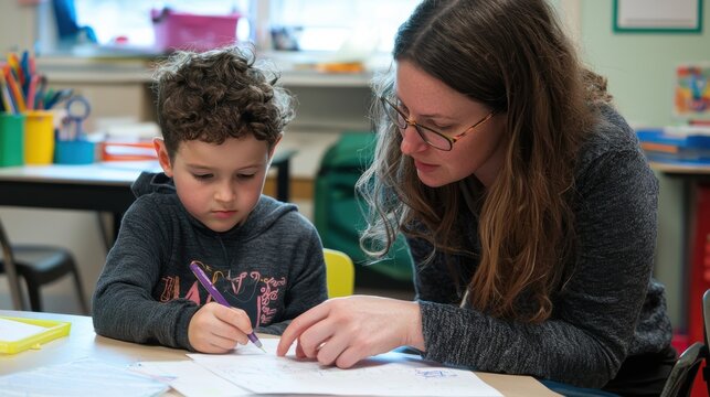 Teacher reviewing homework with focused elementary student in classroom, promoting learning through personalized attention