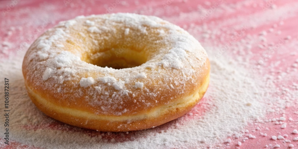 Poster a close-up of a single, freshly baked, powdered sugar donut resting on a pink surface with powdered 