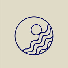 Earth, ocean sea, sun concept. Environment circle logo emblem. Modern, geometric, organic, spa style landscape icon isolated on light fund. Circular deco design lines for holiday resort.
