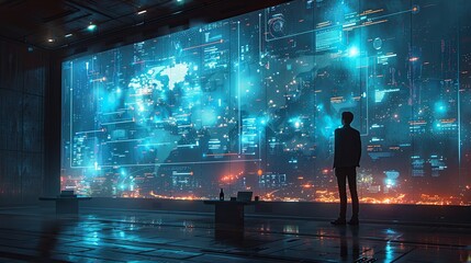 A futuristic tech office with employees interacting with holographic displays, sleek and modern, glowing blue and white lights, innovation and digital transformation concept