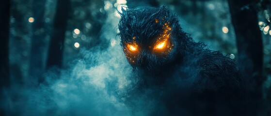 Mysterious creature with glowing eyes lurking in the foggy woodlands during twilight