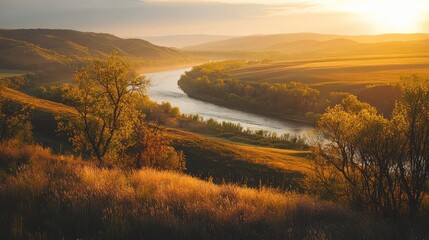 Obraz premium Breathtaking sunset view over the Arkansas River winding through lush hills and valleys in the golden evening light