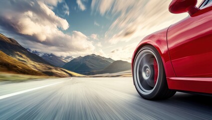 Naklejka premium Red Sports Car Driving Fast on Mountain Road