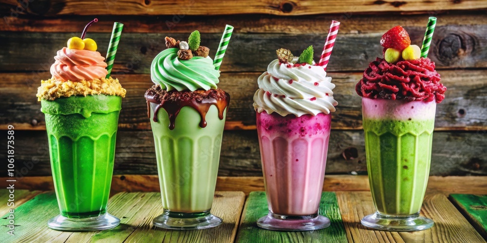 Aufkleber a delightful array of creamy milkshakes adorned with colorful toppings, arranged on a rustic wooden 