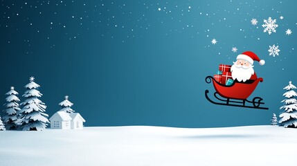 Santa Claus flying in a sleigh over snowy landscape with pine trees.