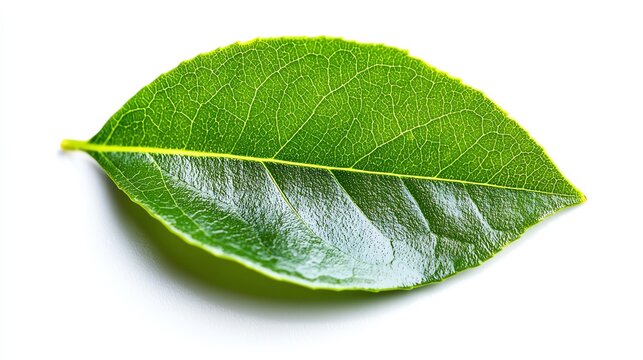 Single green leaf isolated on a white background.