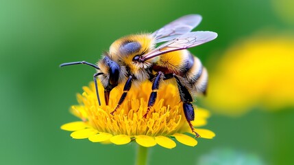 A bee gathers nectar from a yellow flower, surrounded by green foliage.