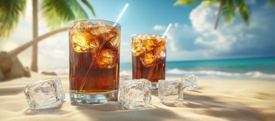 Two Glasses of Cola on a Tropical Beach