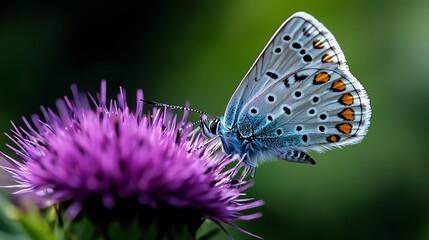 Obraz premium A blue butterfly with orange spots rests on a purple flower.
