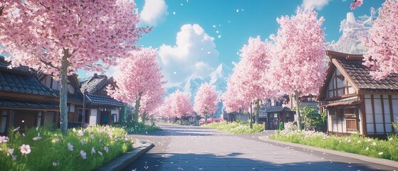 Obraz premium Serene landscape featuring cherry blossoms and traditional houses against a majestic mountain backdrop in springtime