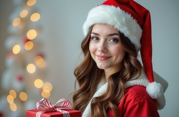 A woman who is wearing a festive Santa hat is joyfully holding a beautifully wrapped gift in her hands, radiating holiday cheer