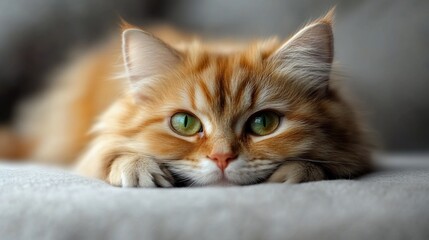 A ginger cat with green eyes lies on a grey couch, looking directly at the camera.