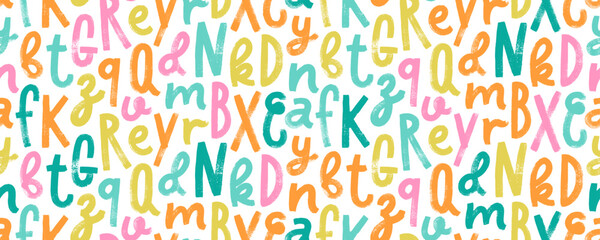 Alphabet wallpaper with funky letters. Brush drawn vector font seamless pattern. Grunge bold alphabet background.