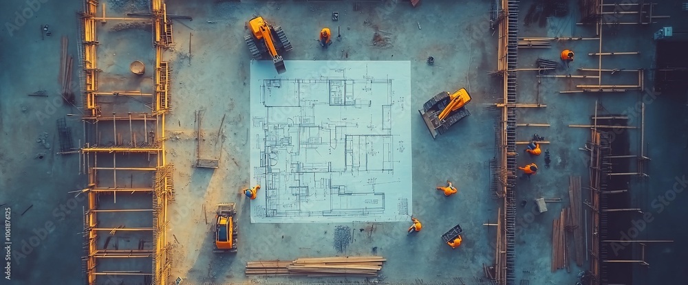 Poster An aerial view of a construction site with a blueprint in the middle, surrounded by workers and machinery.