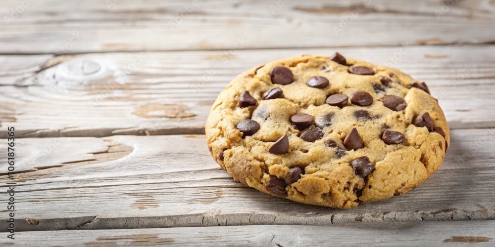 Poster a single chocolate chip cookie on a weathered wooden surface, with the cookie's crispy edges and ric
