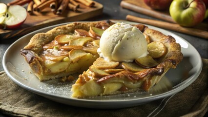 A slice of warm apple pie topped with a scoop of vanilla ice cream, dusted with powdered sugar and served on a rustic gray plate