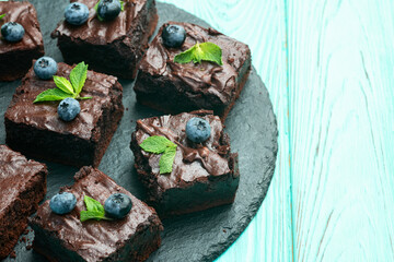 Homemade chocolate brownie photography . Top view