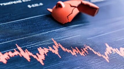 Financial downturn symbolized by a broken chart with red decline, representing loss, fluctuating stock chart and risk in investments.