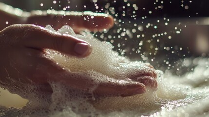 Fototapeta premium Close-Up of Hand Washing in Modern Bathroom Sink with Soap Bubbles, Emphasizing Hygiene and Cleanliness with Flowing Water and Detailed Suds