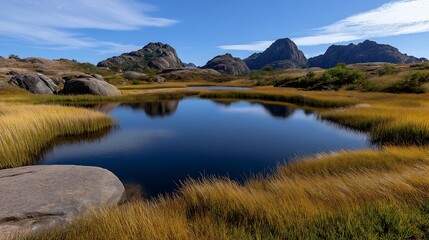 A pristine lake surrounded by untouched wilderness. It has a reflection of the mountains in the water.