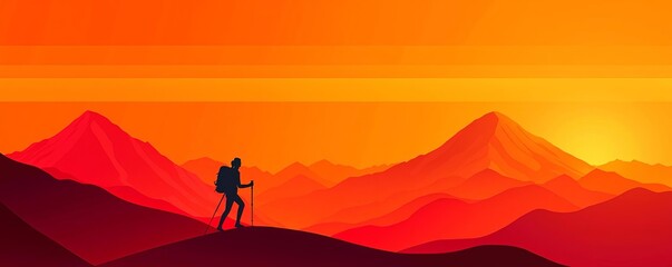 Independence journey, woman hiking on mountain, sun rays in background, flat design illustration