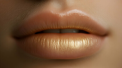 Fototapeta premium Close-up of Woman's Lips with Gold Glitter Lipstick, shimmer, makeup, beauty, cosmetics, glamour