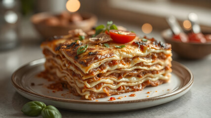 A close-up view of a freshly baked lasagna dish.on bokeh background.