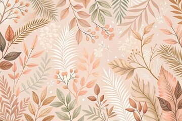 Nature-inspired wallpaper featuring soft pink and peach hues with organic shapes and patterns of leaves and branches, botanical print, organic shapes, soft pink hue, calming atmosphere, nature-inspir