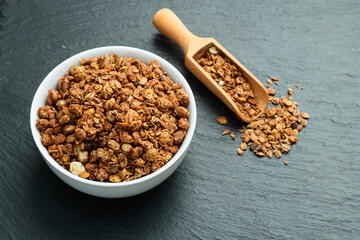Homemade grain granola . Healthy energy eating . Top view