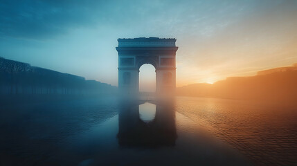 Fototapeta premium Arc de Triomphe in the Mist at Sunrise, Paris, France, sunset, dawn, dusk