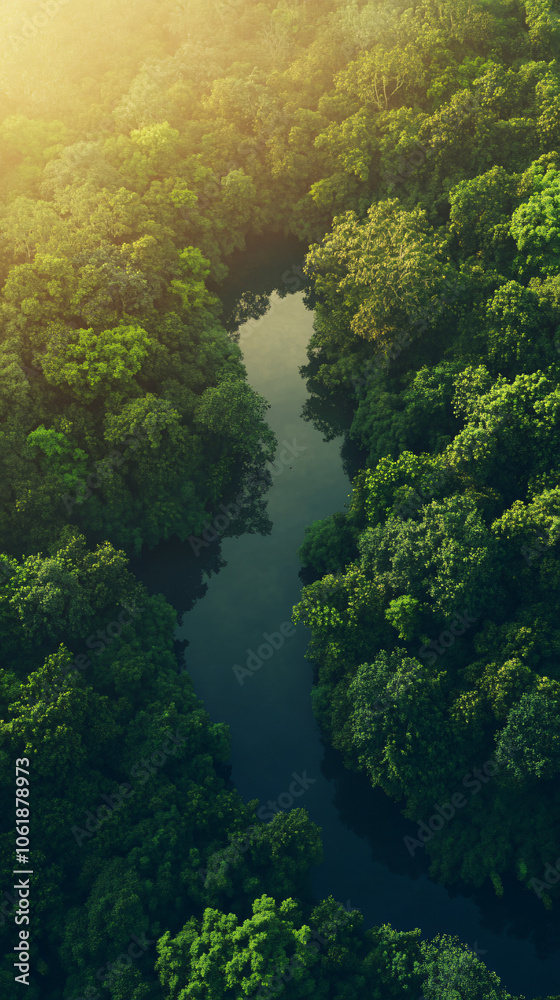 Poster Aerial view of a river flowing through a dense forest with lush green trees in spring