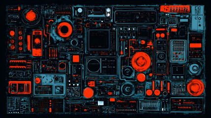 Obraz premium Abstract digital art of a futuristic control panel with red and blue lights.