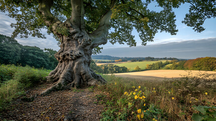 Fototapeta premium An ancient, gnarled tree stands sentinel on a grassy hillside overlooking a rolling countryside landscape.