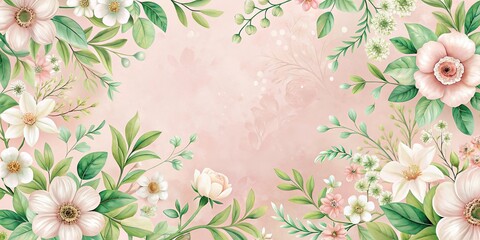 Pastel pink floral wallpaper with delicate white flowers and green foliage, botanical prints, soft design