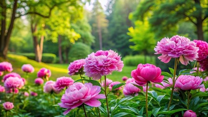 Obraz premium Pink peonies in a lush green garden surrounded by tall trees, outdoor, forest, landscape