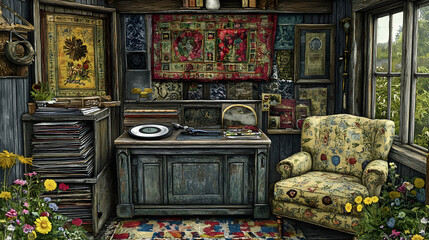 Fototapeta premium Cozy vintage shed with a record player, armchair and a window overlooking a garden.