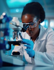 Medical science laboratory portrait of an African American scientist, black woman using microscope with protective glasses.	