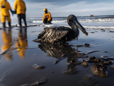 Aid workers preparing to help a pelican affected by an oil spill