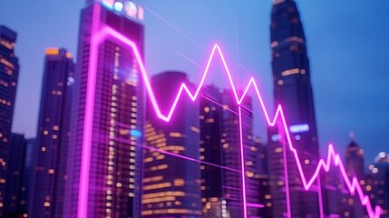 Fototapeta premium Urban skyline with a vibrant pink financial graph overlay, emphasizing stock market trends.