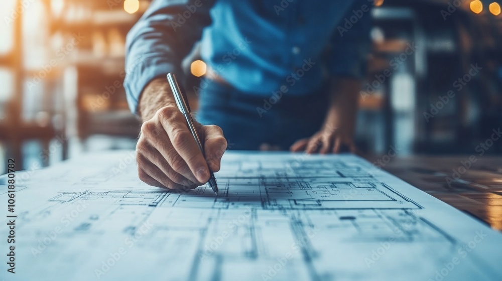 Poster architect or designer working on blueprints with a pen, close up of hand.