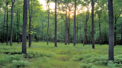 Obraz premium Sunbeams illuminate a lush forest floor with ferns and wildflowers.