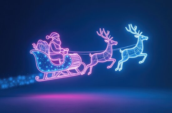 A glowing digital wireframe figure of Santa Claus flying on a sleigh pulled by reindeer against a dark background. The wireframe lines radiate bright blue and pink hues.
