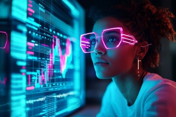 A young entrepreneur in a digital workspace surrounded by holographic charts of assets, cyberpunk style, blue and neon tones, energetic atmosphere