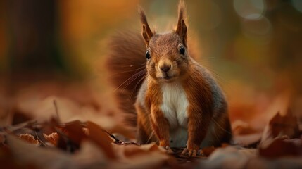 Close-up portrait of a Eurasian red squirrel in its autumn woodland habitat with rich warm colors.
