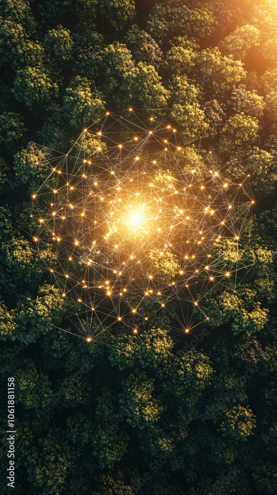 Poster Network of interlinked nodes shines above a vibrant green forest, representing the impact of technology on protecting the environment