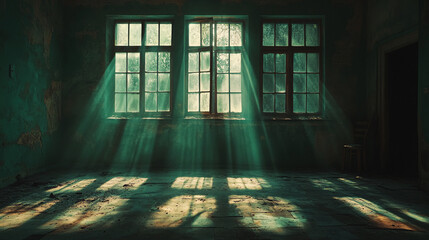 Abandoned Building Interior with Sunlight Streaming Through Windows