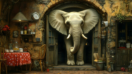 Elephant in the Doorway, entrance, building, brick, wall, old