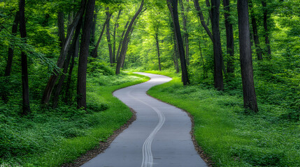 Fototapeta premium Winding paved path through lush green forest with dappled sunlight.