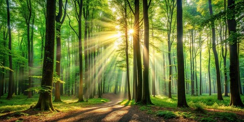 Fototapeta premium Serene forest with tall trees and sunlight filtering through leaves, wilderness, treescape, verdant, canopy, trees