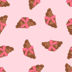 Croissant and pink bow seamless pattern. Cute girly design. Bakery and pastry. Hand drawn vector illustration
